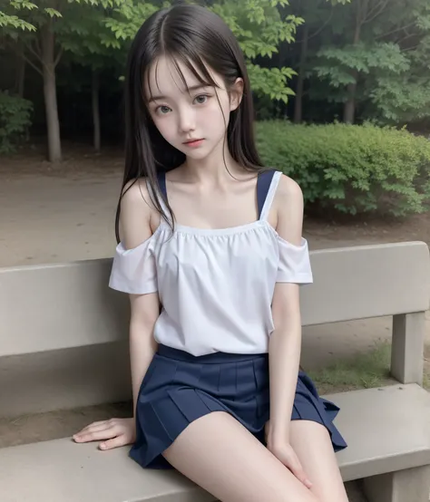 20 years old,cute girls,かわいいyounger女の子,slender,Skinny,short,skinny,slender body,Low body weight,younger,cute hairpins,sailor suit cosplay, navy blue skirt,with your whole body bent down,sitting on a park bench by an expert,small breasts,japanese,Narrow Sho...