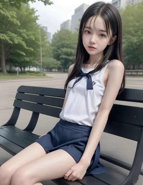 20 years old,cute girls,かわいいyounger女の子,slender,Skinny,short,skinny,slender body,Low body weight,younger,cute hairpins,sailor suit cosplay, navy blue skirt,with your whole body bent down,sitting on a park bench by an expert,small breasts,japanese,Narrow Sho...