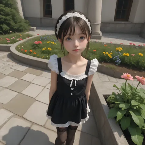 1 Girl、maids,Look at the audience,(skinny:0.41),(younger:1.49),from above,lean forward,(big boobs:0.72),is watering flowers outside the mansion,japanese,(smile Yang:0.19),black lace stockings