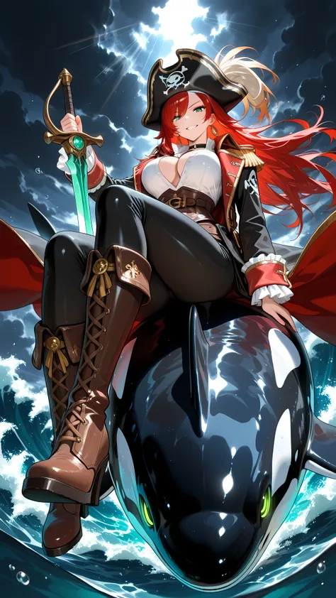 (masterpiece:1.3), (best quality), (ultra detailed), (dramatic lighting), (vertical composition:1.2), (centered composition:1.1),
a powerful beautiful female pirate, (on the orca's back), sitting astride a giant orca rising from stormy waves,
she holds a c...