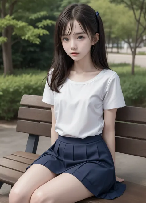 20 years old,cute girls,かわいいyounger女の子,slender,Skinny,short,skinny,slender body,Low body weight,younger,cute hairpins,sailor suit cosplay, navy blue skirt,with your whole body bent down,sitting on a park bench by an expert,small breasts,japanese,Narrow Sho...
