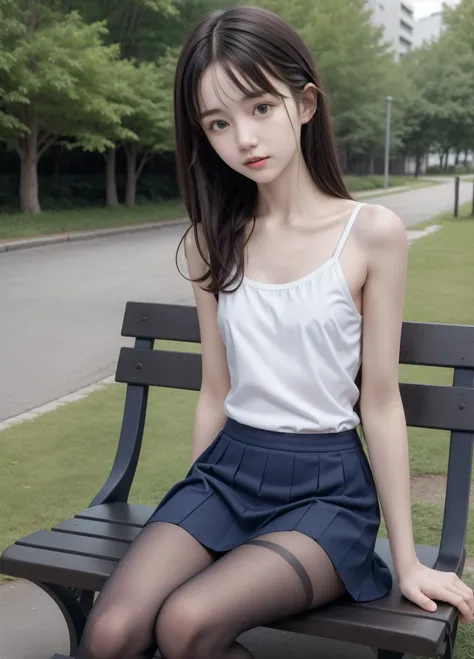 20 years old,cute girls,かわいいyounger女の子,slender,Skinny,short,skinny,slender body,Low body weight,younger,cute hairpins,sailor suit cosplay, navy blue skirt,with your whole body bent down,sitting on a park bench by an expert,small breasts,japanese,Narrow Sho...