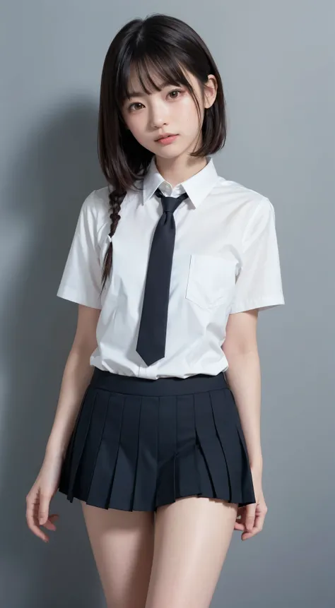 soft lights,(japanese)), (((front in the sky, Age 15))), (Deep Synthesis ), Extremely high resolution, (authentic: 1.4), Original photo, ((School Uniform, collared shirt, white shirt, Short sleeve, necktie, shortスカート)), smiley face n ,small breasts,skinny...