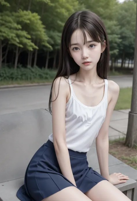 20 years old,cute girls,かわいいyounger女の子,slender,Skinny,short,skinny,slender body,Low body weight,younger,cute hairpins,sailor suit cosplay, navy blue skirt,with your whole body bent down,sitting on a park bench by an expert,small breasts,japanese,Narrow Sho...