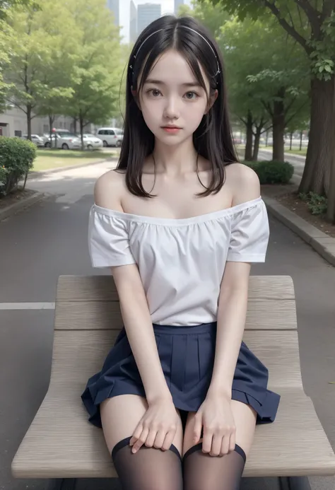 20 years old,cute girls,かわいいyounger女の子,slender,Skinny,short,skinny,slender body,Low body weight,younger,cute hairpins,sailor suit cosplay, navy blue skirt,with your whole body bent down,sitting on a park bench by an expert,small breasts,japanese,Narrow Sho...