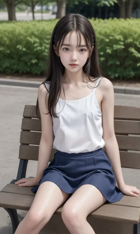20 years old,cute girls,かわいいyounger女の子,slender,Skinny,short,skinny,slender body,Low body weight,younger,cute hairpins,sailor suit cosplay, navy blue skirt,with your whole body bent down,sitting on a park bench by an expert,small breasts,japanese,Narrow Sho...