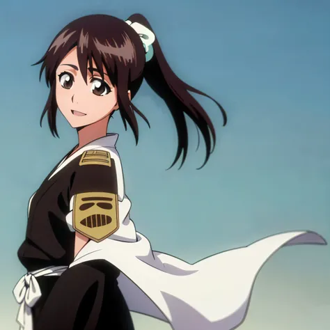 masterpiece, Highest Quality , a girl from the side ,  romantic love  , dark haired,ponytail, braley to imasa , straight long hair, Vancouver, brown eyes, Kimono, white sleeveless coat ,white sleeveless captain coat, black Kimono , smile, Alone, what I'm l...