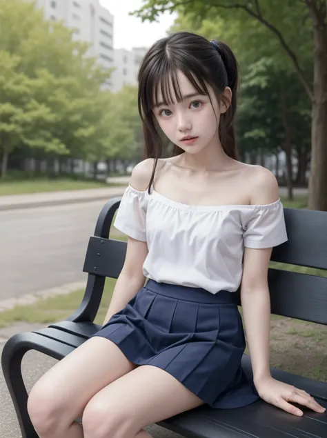 20 years old,cute girls,かわいいyounger女の子,slender,Skinny,short,skinny,slender body,Low body weight,younger,cute hairpins,sailor suit cosplay, navy blue skirt,with your whole body bent down,sitting on a park bench by an expert,small breasts,japanese,Narrow Sho...
