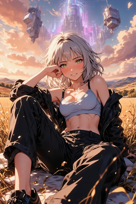 Masterpiece, best quality, ghostintheshellstyle, retro anime aesthetic.
Full body shot, low angle, capturing her relaxed pose. Ample space, no cropping.
Leaning on elbow, lying on side, looking at the camera with an alluring gaze and confident smile. Legs ...