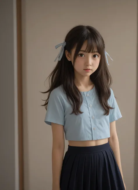 かわいいyounger女の子,slender,Rating_Safety,score_6_up,score_7_up,score_8_up,score_9,short,skinny,small waist,slender body,(tiny:1.2),younger,ネイビーブルーのスイムスーツを着たyoungerMade in Japanの少女が、,Hair elastic,Hairpin,realistic with a full body crouching, from above ,(big br...