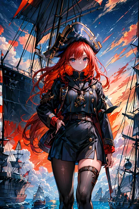 Brilliant Colors,beautiful eyes,A delicate smile,Textured Skin,masterpiece,Kilo,Highest Quality,gentle and beautiful woman,captain，Pirate Fleet，無数のsailが旗めく，sail，The Enchanted Pirate,A powerful pirate ship,A magnificent ship's hull,A rolling ocean,A vibrant...