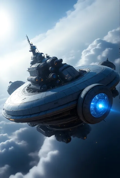 A colossal exposed gyroscope levitation engine integrated into the floating fortress,
multiple rotating metal rings with enormous mass,
partially open structural frame revealing the kinetic core,
motion blur on spinning rings, glowing rotational energy,
fu...