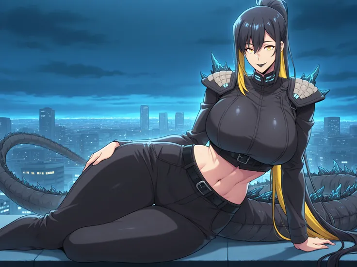 anime screencap, masterpiece, best quality, kajiu-jin-ah, 1girl, Mature Female, yellow eyes, absurdly long hair, two-tone hair, tail, large tail, long tail, very long tail, yellow eyes, black hair, ponytail, sidelocks, attractive face, detailed face , ract...