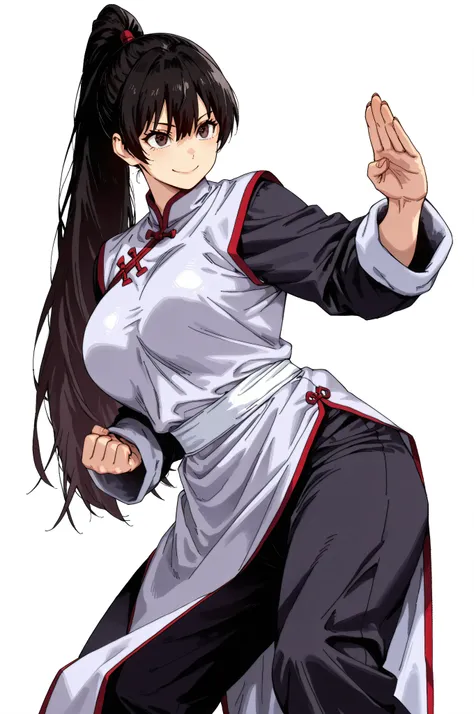 gsfghtr, multicolored robe, chinese clothes,KungFuUniform,score_9, score_8_up, score_7_up, gsfghtr, 1girl, smile serious, long ponytail, kohei horitoshi, white background, mature female, breasts, kung fu stance, view from head to thigh, standing, pants, 