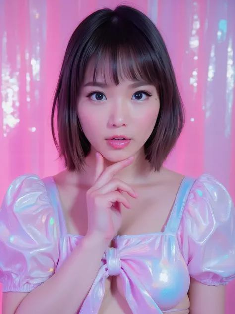 Ultra-realistic studio portrait, medium plane closed, waist up (waist-up), adult woman 25+, short bob hair with fringe, ties clips in pastel shades (pink, lilac, blue). Sweet expression, looking at the camera, index finger lightly touching the lower lip. H...