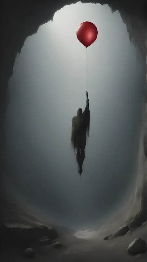 high quality, 8K Ultra HD, Epic surreal science fiction art. In this faraway world, create a strangely eerie unnerving sci-fi image of a surreal undead person ominously holding onto and floating with a creepy red balloon high up near a mega mountain cliff ...