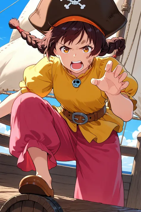 solo, 1 pirate woman, close up of sheeta(tenkuu_no_shiro_laputa), black brown hair, hairband, twin braids, yellow shirt, puffy_sleeves, short_sleeves, belt, pink wide pants, pirate Tricorn hat, yelling and shouting to viewer, open mouth, commanding pose wi...