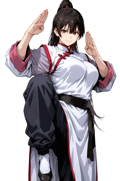 gsfghtr, multicolored robe, chinese clothes,KungFuUniform,score_9, score_8_up, score_7_up, gsfghtr, 1girl, smile serious, long ponytail, kohei horitoshi, white background, mature female, breasts, kung fu stance, view from head to thigh, standing on one leg...