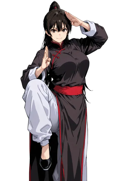 gsfghtr, multicolored robe, chinese clothes,KungFuUniform,score_9, score_8_up, score_7_up, gsfghtr, 1girl, smile serious, long ponytail, kohei horitoshi, white background, mature female, breasts, kung fu stance, view from head to thigh, standing on one leg...