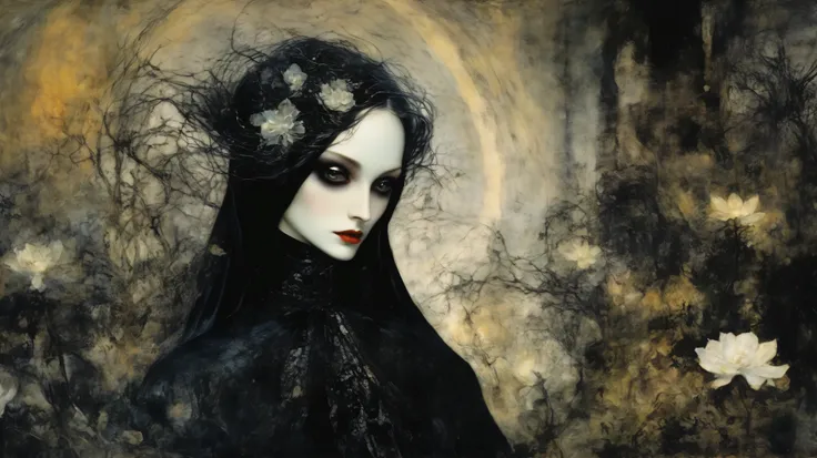 Adolph Menzel´s and Jasmine Becket-Griffith´s painting depicting A zombie vampire woman dressed in black, her dress transforms into a trail of dust, she walks through a dark and lifeless place , dark creatures hidden in the darkness, scary eyes watching h...