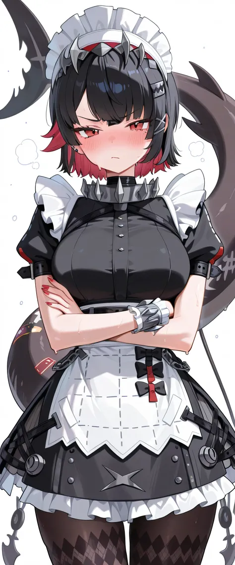 ellen_joe, 1girl, solo, red eyes, hot, steaming, steaming body, sweat, sweating, sweaty, sweaty body, wet, wet body, dripping, dripping sweat, blushing, embarrassed, nervous, annoyed, closed mouth, (((white background))), looking at viewer, cowboy shot, ar...