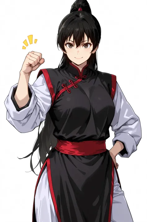 gsfghtr, multicolored robe, chinese clothes,KungFuUniform,score_9, score_8_up, score_7_up, gsfghtr, 1girl, smile serious, long ponytail, kohei horitoshi, white background, mature female, breasts, kung fu master, view from head to thigh, fist hand level hip...