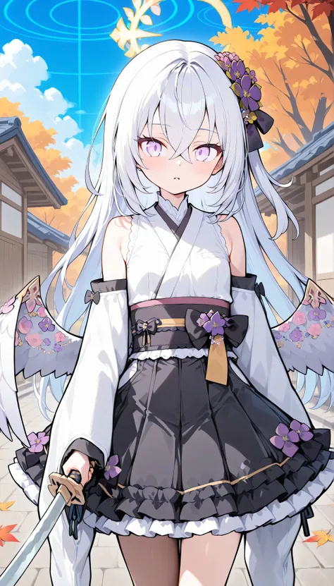 azusa (blue archive),purple eyes,white hair,long hair,wings,hair flower,halo, solo, I can see my eyebrows from the inside of my hair, hair between eyes, is embarrassing, masterpiece, Best Quality, very aesthetic, detached sleeves, japanese clothes, white ...