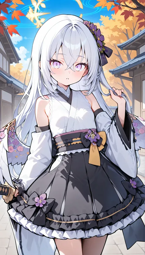 azusa (blue archive),purple eyes,white hair,long hair,wings,hair flower,halo, solo, I can see my eyebrows from the inside of my hair, hair between eyes, is embarrassing, masterpiece, Best Quality, very aesthetic, detached sleeves, japanese clothes, white ...