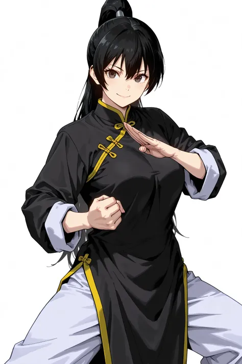 gsfghtr, multicolored robe, chinese clothes,KungFuUniform,score_9, score_8_up, score_7_up, gsfghtr, 1girl, smile serious, long ponytail, kohei horitoshi, white background, mature female, breasts, kung fu master, view from head to thigh, fist hand , offer o...