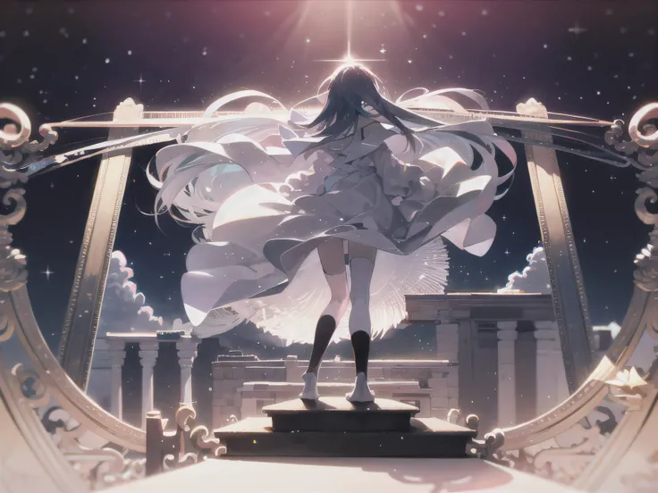 Highest Quality, masterpiece, melew, cloud, 1girl, LONG HAIR, null, cloudy null, knee-high, Horizon, solo, floating hair, gradient null, Outdoors, Star, Starry null, blue hair, full body, standing, watching viewers, Background, light and shadow, lighting,...