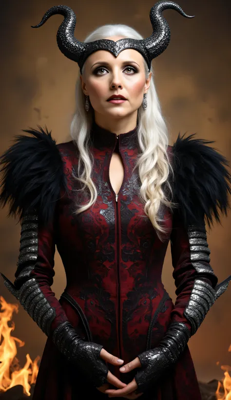 Julia Louis-Dreyfus as Flemeth, Dragon Age, detailed fantasy portrait, powerful sorceress, long silver-white hair, golden eyes, wearing dark red and black armored gown, intricate metallic patterns, shoulders are adorned with iridescent black feathers, silv...