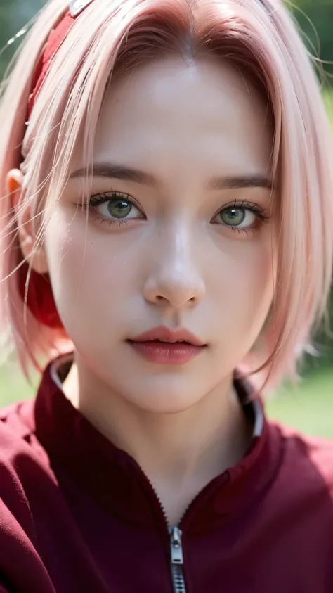 Haruno Sakura from Naruto Shippuden, half-body portrait, realistic and ultra-detailed style, HD quality. Beautiful young woman with short pink hair, green eyes, and a determined expression. Wearing her classic red ninja outfit with the Konoha headband on h...