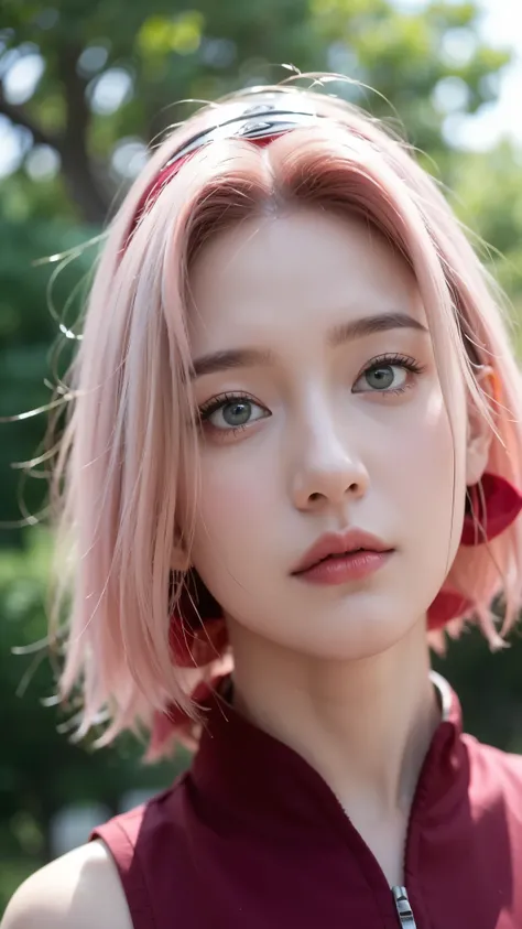 Haruno Sakura from Naruto Shippuden, half-body portrait, realistic and ultra-detailed style, HD quality. Beautiful young woman with short pink hair, green eyes, and a determined expression. Wearing her classic red ninja outfit with the Konoha headband on h...