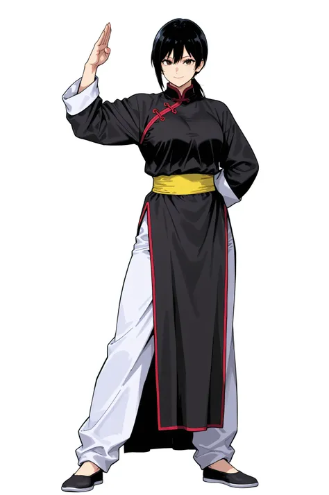 gsfghtr, multicolored robe, chinese clothes,KungFuUniform,score_9, score_8_up, score_7_up, gsfghtr, 1girl, smile serious, low ponytail, kohei horitoshi, white background, mature female, kung fu master, view from head to thigh, hide arm behind back, full bo...