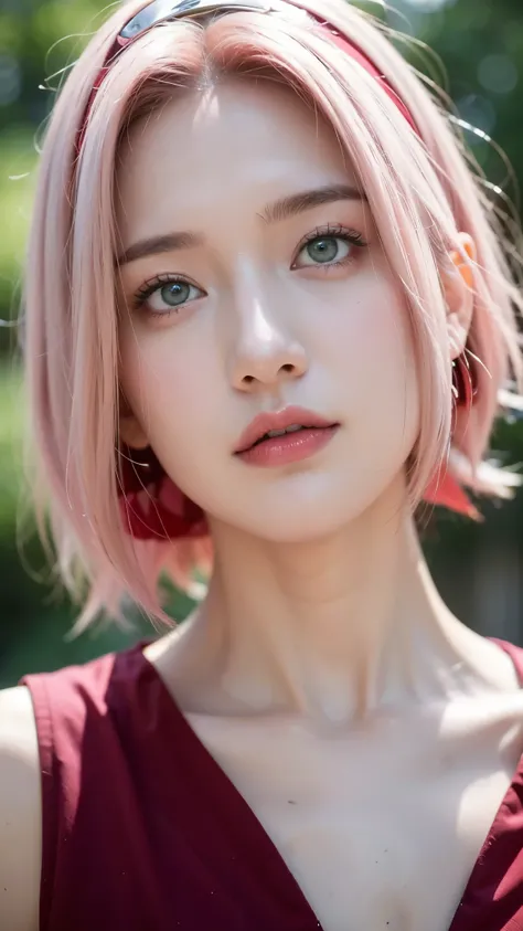 Haruno Sakura from Naruto Shippuden, half-body portrait, realistic and ultra-detailed style, HD quality. Beautiful young woman with short pink hair, green eyes, and a determined expression. Wearing her classic red ninja outfit with the Konoha headband on h...