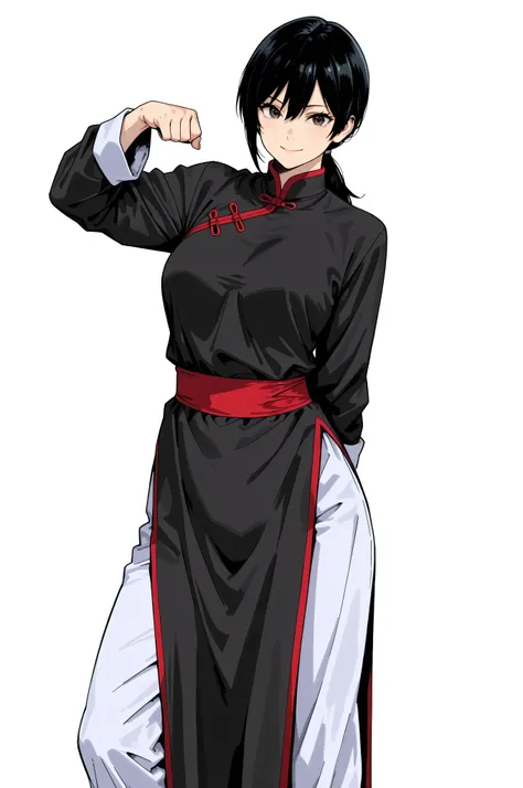 gsfghtr, multicolored robe, chinese clothes,KungFuUniform,score_9, score_8_up, score_7_up, gsfghtr, 1girl, smile serious, low ponytail, kohei horitoshi, white background, mature female, kung fu master, view from head to thigh, hide arm behind back, full bo...