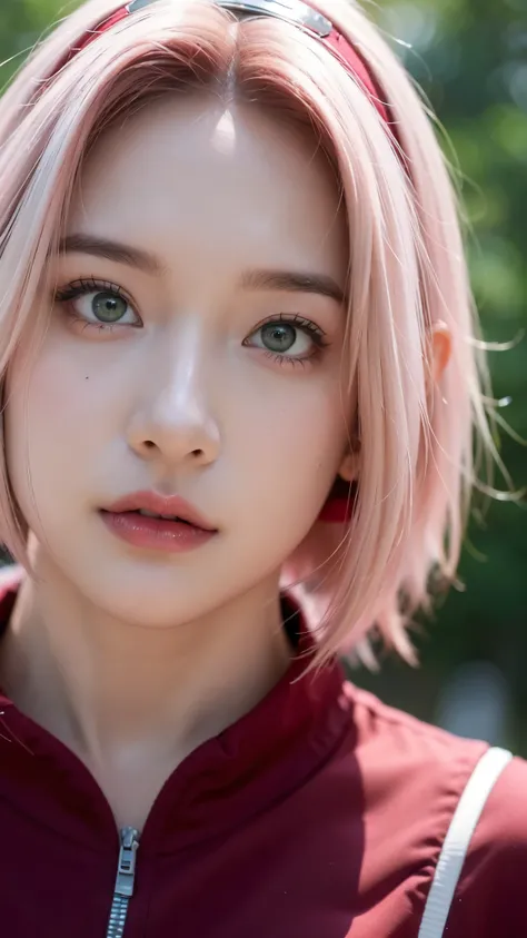 Haruno Sakura from Naruto Shippuden, half-body portrait, realistic and ultra-detailed style, HD quality. Beautiful young woman with short pink hair, green eyes, and a determined expression. Wearing her classic red ninja outfit with the Konoha headband on h...