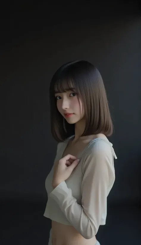 top quality、Exquisite Resolution  , 32K,  premium quality , ultra fine ,   beautiful Japanese woman、 Manami 、  dark hair、woman not wearing nsfw,navel,naked、transparent clothes、(Inorganic black room  、A black room with nothing、 )、 (  full nude、I'm not weari...