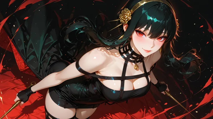 Yor briar, smile, semi realistic, cute, glow, dynamic pose, dynamic angle, artistic, three-quarter shot, holding her weapon