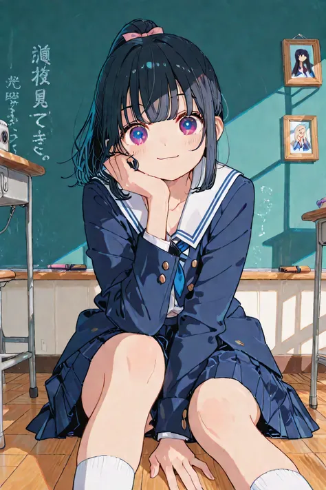 school classroom、Composition capturing a female student sitting in front of a wooden desk from the front、Frontal angle where the camera and line of sight are perfectly in line、Close-up shot focusing on the face and upper body、Traditional gymnastics pose wi...
