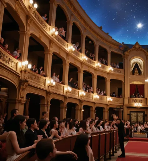 (((masterpiece:1.5、Highest Quality、high resolution:1.3、super resolution、Super Detailed、Super Detailed:1.3))) cinematic, symmetric, grand, golden, opera, theater, majestic, baroque, architecture, ornate, details, luxurious, interior, huge, red, carpet, stai...