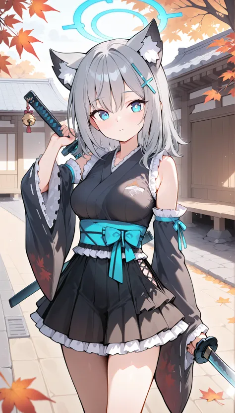shiroko (blue archive),blue eyes,grey hair,hairclip,animal ears,halo,medium breasts, solo, I can see my eyebrows from the inside of my hair, hair between eyes, is embarrassing, masterpiece, Best Quality, very aesthetic, detached sleeves, japanese clothes,...