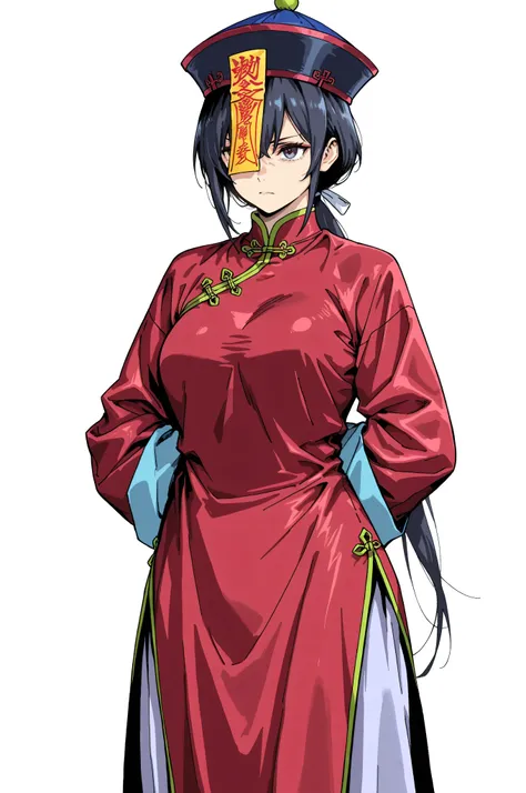 chinese clothes,KungFuUniform,score_9, score_8_up, score_7_up, gsfghtr, multicolored robe, white background, serious, long low ponytail, kohei horitoshi, invited, 1jiangshi girl, mature female, chinese hat, 1girl, red dress, hide arms inside sleeves, 