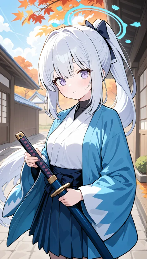 miyako (blue archive),purple eyes, white hair,long hair,halo,medium breasts,ponytail, solo, I can see my eyebrows from the inside of my hair, hair between eyes,　 is embarrassing, masterpiece, Best Quality, very aesthetic,　 japanese clothes, white kimono, b...