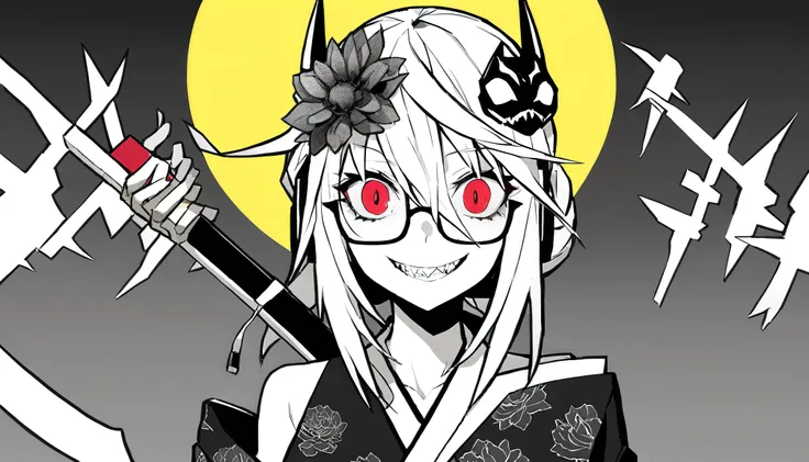 (( background is a Japanese castle、Japanese sword))、masterpiece, Highest Quality, ((1 girl:The arrangement is centered)), ((The background is a yellow full moon))、Spikes, ((solo)), Glasses、headphones , Crazy smile, Demon Mask , spiked Color, Gamer, Illne...