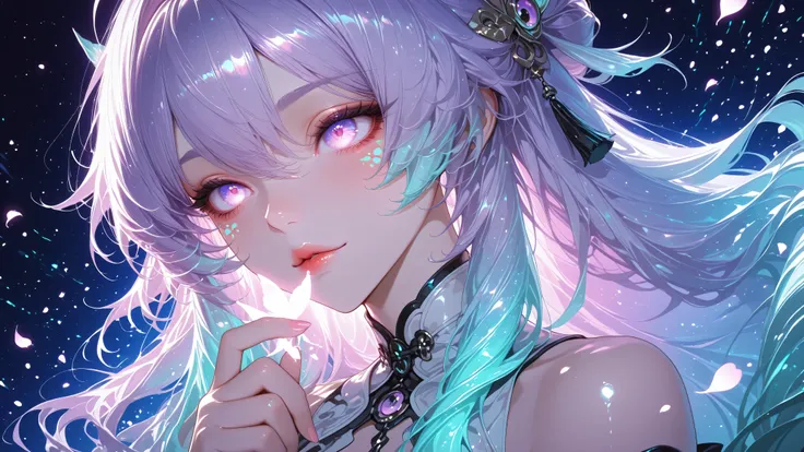 Mmorpg, mage girl, white-purple color, iridescence hair, wuthering waves style, fish-eye lens effect, three-quarter shot, glow, shine, glossy, whimsical, green tosca color, iridescence, artistic, cinematic, glowing petals, daggers,