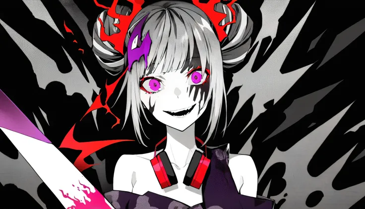 ((The background is a powerful green dragon))、masterpiece, Highest Quality, ((1 girl:The arrangement is centered)), ((and the background is red flames and sparks))、Spikes, ((solo)), headphones , Crazy smile, scars on the face, spiked Color, Illness, monoc...