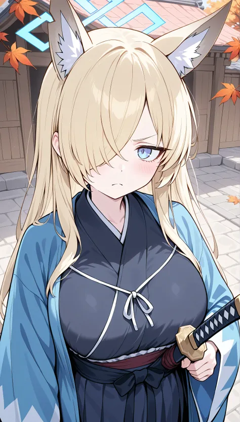 kanna (blue archive),animal ears, blue eyes, blonde hair, long hair, hair over one eye, blue halo, large breasts, solo, I can see my eyebrows from the inside of my hair, hair between eyes,　 masterpiece, Best Quality, very aesthetic,　 japanese clothes, blac...