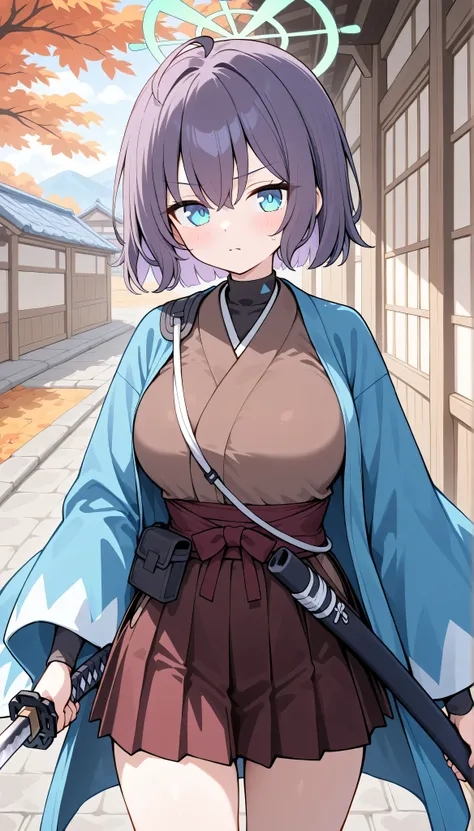 saki (blue archive),blue eyes,purple hair,short hair,halo,large breasts, solo, I can see my eyebrows from the inside of my hair, hair between eyes,　 masterpiece, Best Quality, very aesthetic,　 japanese clothes, brown kimono, blue mini skirt,  outdoor,  jap...