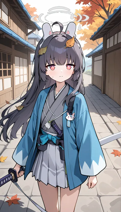 miyu (blue archive),red eyes,black hair,long hair,leaf on head,ahoge,grey halo, solo, I can see my eyebrows from the inside of my hair, hair between eyes, masterpiece, Best Quality, very aesthetic, japanese clothes, grey kimono, white mini skirt, outdoo...